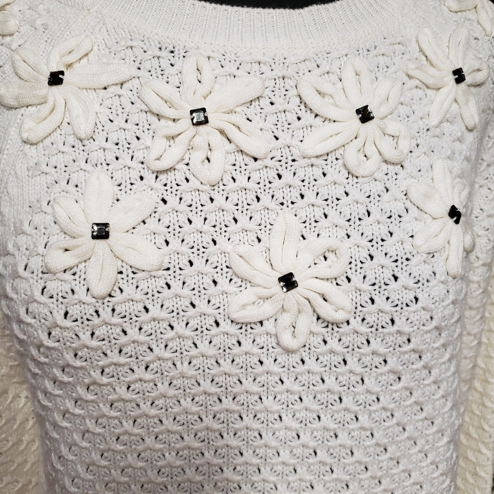 Vintage Floral Open Knit Creamy White Sweater with Beading Embellishments sz.SM - Picture 4 of 8